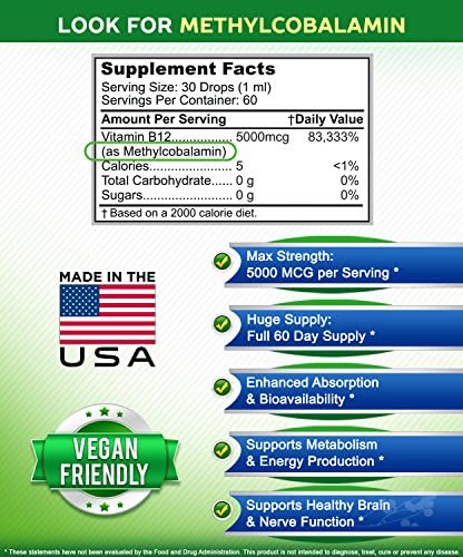 aSquared Nutrition Vitamin B12 Sublingual Liquid Drops - 5000 MCG Supplement with Methylcobalamin (Methyl B-12) - Max Absorption B 12 to Increase