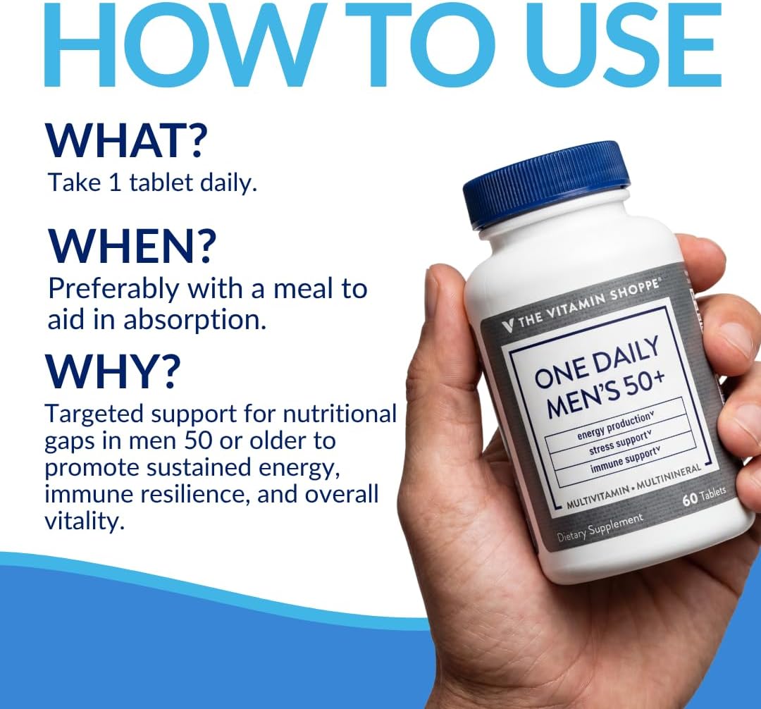 The Vitamin Shoppe Brand One Daily Men's 50+ Multivitamin, 60 Tablets | Includes Magnesium, Zinc, Calcium and More, Energy Stress & Immune Support
