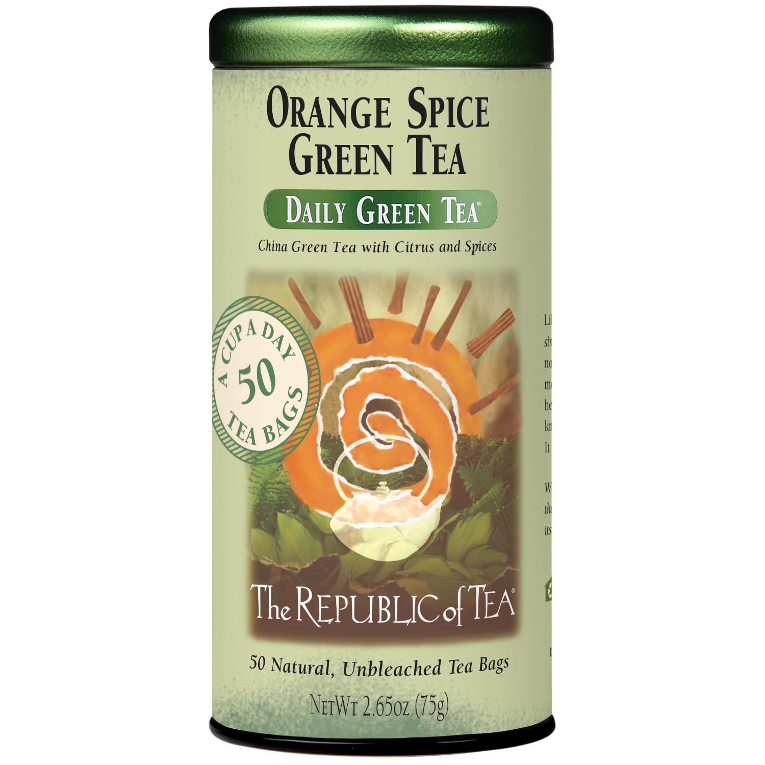 The Republic of Tea Daily Green Orange Spice Green Tea, Low Caffeine, 50 Ct | A gentle cup for everyday sipping. Fresh and lightly vegetal with notes of warming spice. Gluten Free and Carb Free.