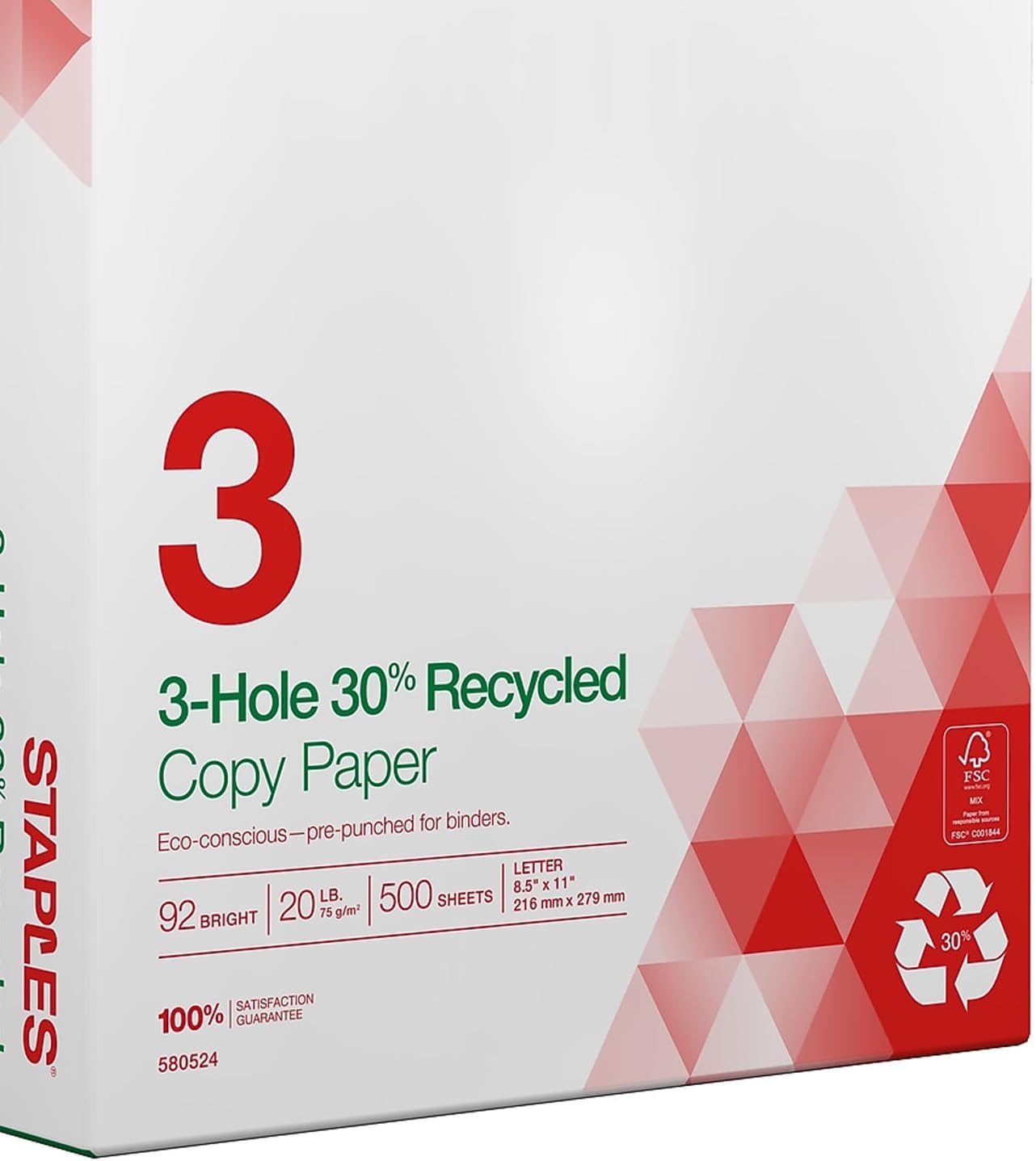Staples 8.5" x 11" 3-Hole Punched Copy Paper, 20 lbs., 92 Brightness, 500/Ream