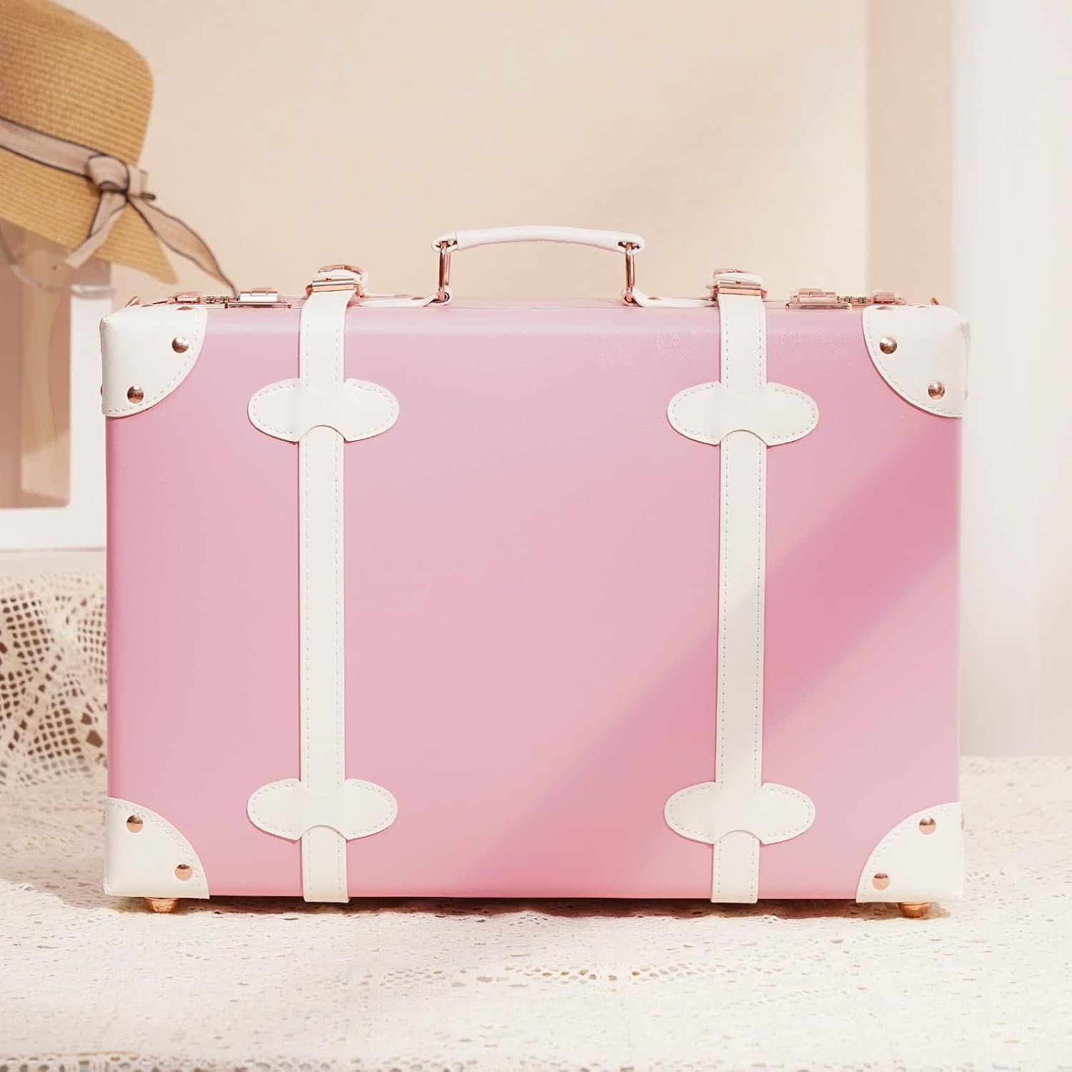 urecity Vintage and Cute Carry-on Overnight Case Non-wheeled Mini Leather Trunk Suitcase with Shoulder Strap