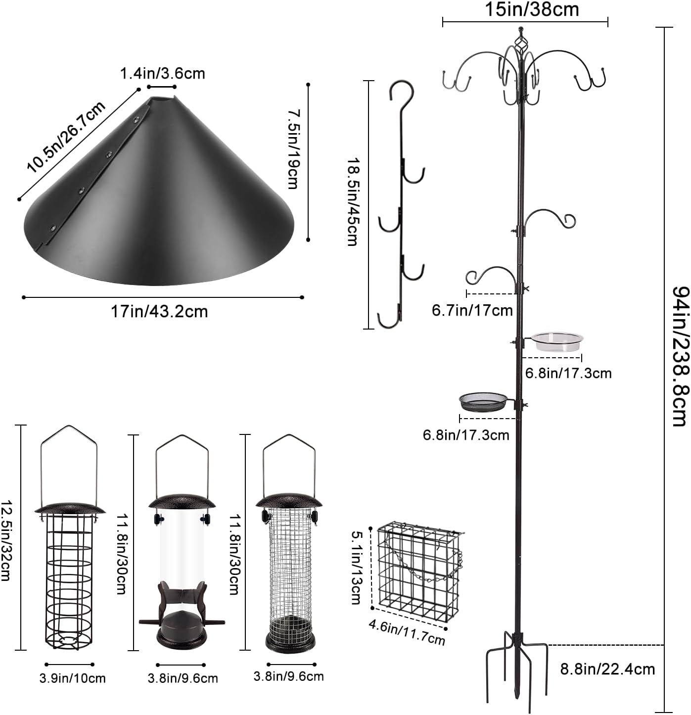Deluxe Bird Feeding Station Kit with Multi Feeder Hanging Pole, Metal Suet Feeder, Bird Bath