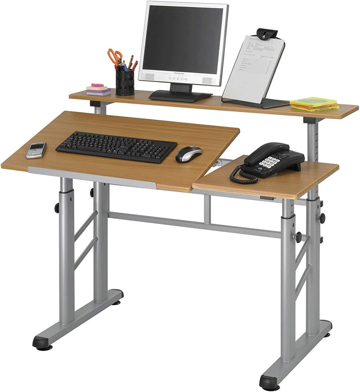 Safco Split-Level Drafting Table Height Adjustable Sit-to-Stand, 29.5" to 37.5", Medium Oak