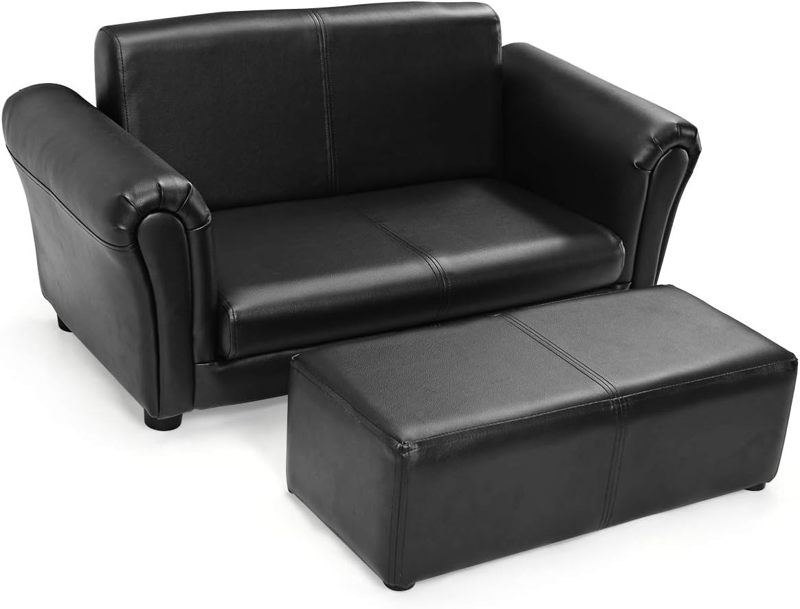 HONEY JOY Kids Sofa, 2 Seat Toddler Couch Lounge Bed with Ottoman, Sturdy Wood Construction