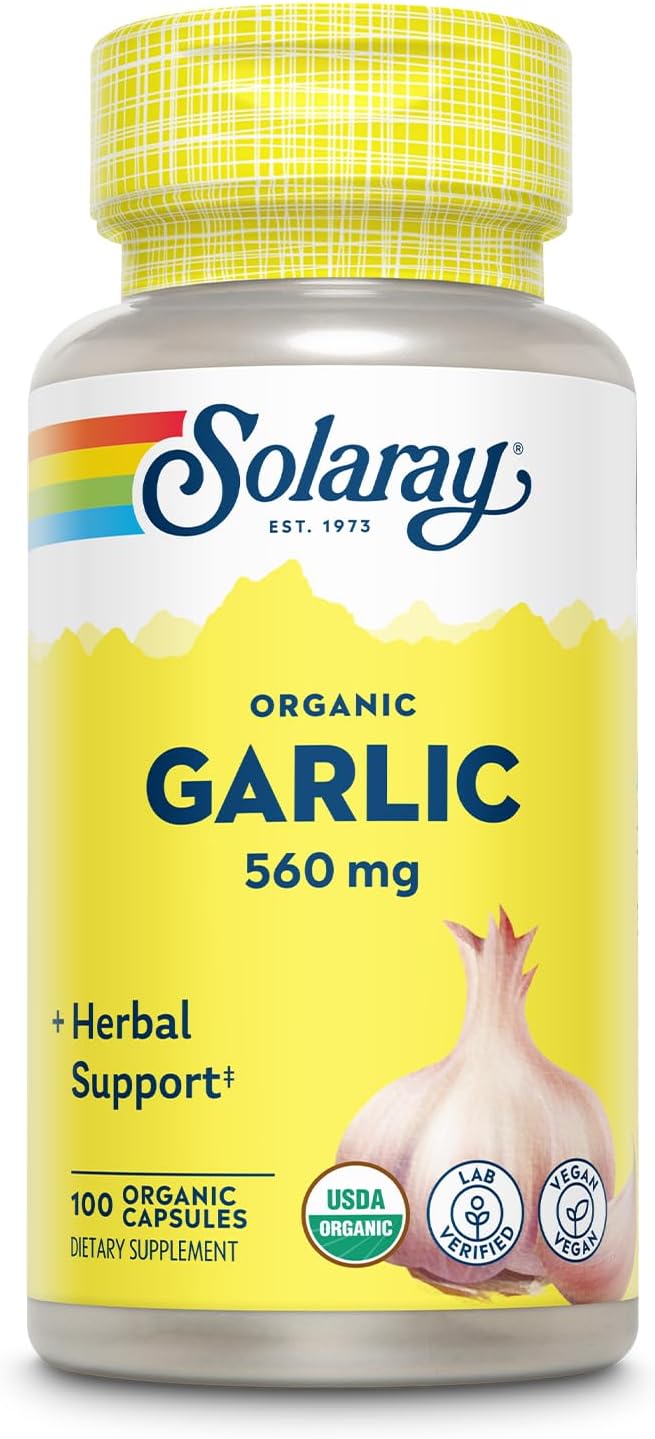 SOLARAY Organic Garlic 560 mg, 100 VegCaps | Heart & Cardiovascular Support - USDA Organic Garlic - 100 Servings - Vegan, Lab Verified