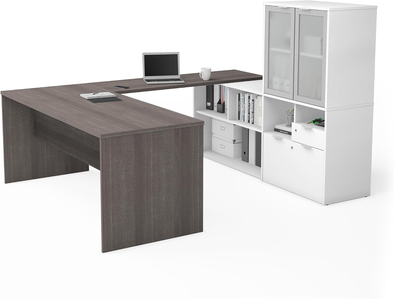 Bestar i3 Plus 72W U-Shaped Executive Desk with Frosted Glass Doors Hutch in bark Grey
