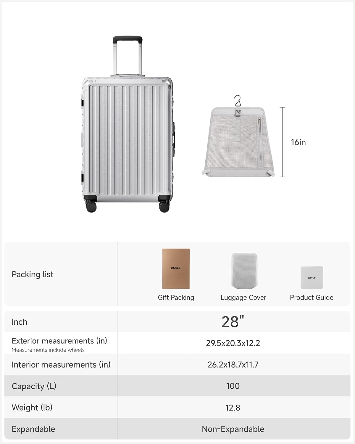 LUGGEX Zipperless Checked Suitcase, Aluminum Frame, Charcoal Metallic, 28" | Checked Luggage, 100% PC Hard Shell, 8010S Aluminum Frame, 8 Spinner Wheels, TSA Lock, Hard Shell, ZX-Core