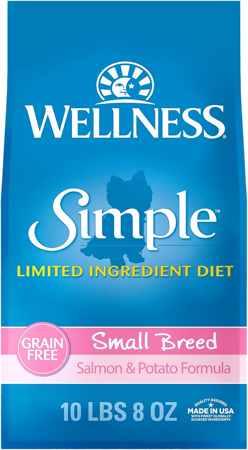 Wellness Simple Limited Ingredient Small Breed Adult Dry Dog Food, Grain Free Kibble, Sensitive Stomach, Skin & Coat Support, Natural, Chicken Free, Salmon and Potato Recipe, 10.5 lb Bag