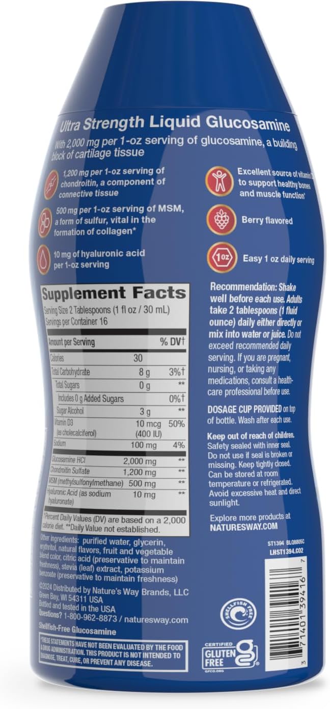 Nature's Way Joint Movement Glucosamine Liquid, Chondroitin, Berry, 16 oz | MSM with Vitamin D3 & Hyaluronic Acid, Fast-Absorbing Liquid, Joint Support Supplement*, Berry Flavored