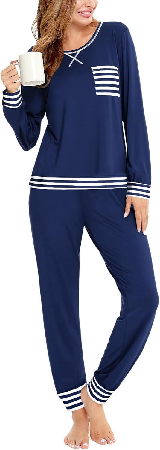 SWOMOG Women’s Pajamas Set Long Sleeve Sleepwear with Long Pants Soft Modal Loungewear Pj Set