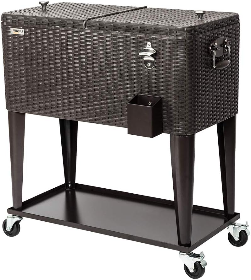 VINGLI 80 Quart Rolling Ice Chest, Portable Patio Party Bar Drink Cooler Cart, with Shelf, Beverage Pool with Bottle Opener (Brown)