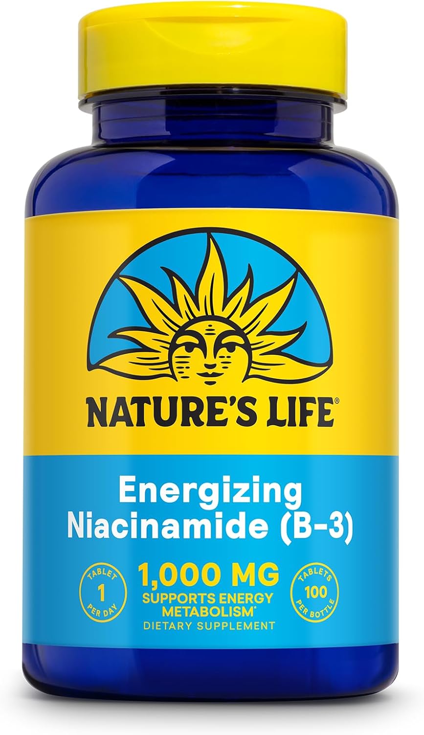 Nature's Life Energizing Niacinamide, Vitamin B3 1000mg - High Potency, No Flush Niacin Supplement - Nerve Function
