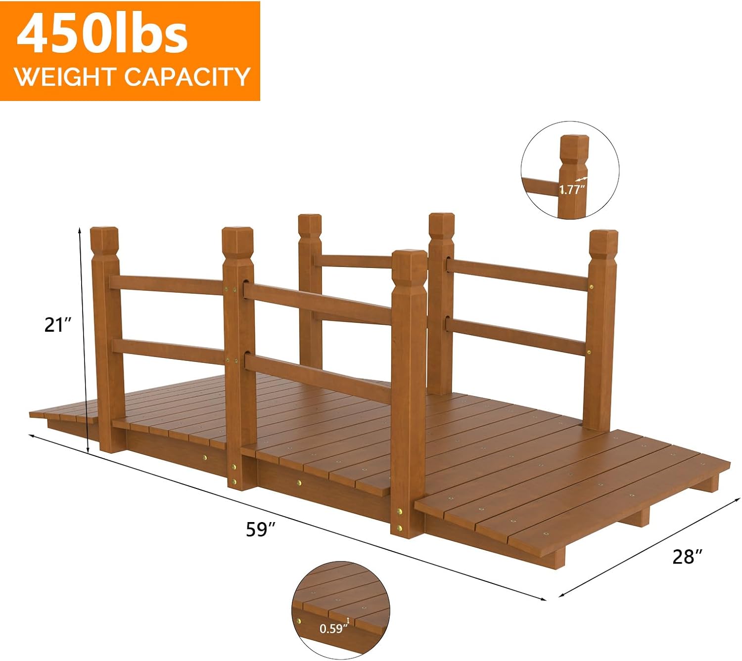 VINGLI 5 ft Garden Bridge, Classic Wooden Arch with Safety Rails Stained Finished Footbridge, Decorative Pond Landscaping, Backyard, Creek or Farm