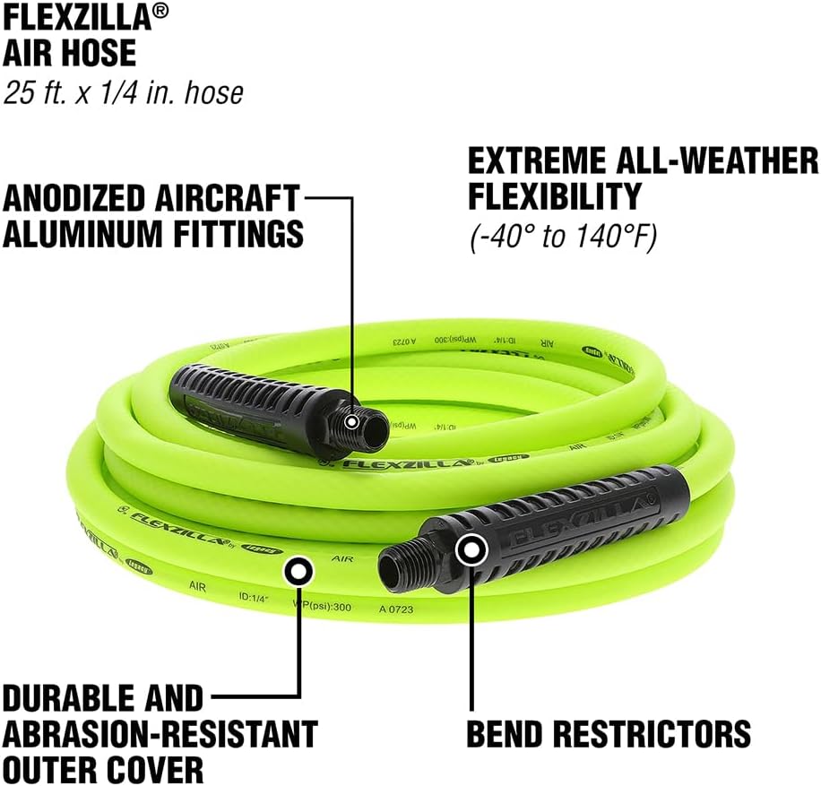 Flexzilla Air Compressor Hose, 3/8 in. x 50 ft., 1/4 in. MNPT Fittings, No-Kink, All Weather, Lightweight, Premium Hybrid Polymer, 300 PSI, ZillaGreen