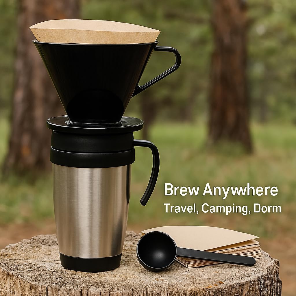 Single Cup Pour Over Coffee Dripper with Scoop & 10 Filters – #2 Cone Style Manual Brewer, BPA-Free Plastic, Portable Dishwasher Safe Coffee Maker