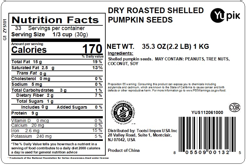 Yupik Dry Roasted Pumpkin Seeds, No Shell, 2.2 lb (35.3 oz), Gluten-Free, GMO-Free, Kosher, Shelled Pepitas, Unsalted, Oil-Free, Plant-Based Protein, Fiber Source, Ideal for Baking & Topping