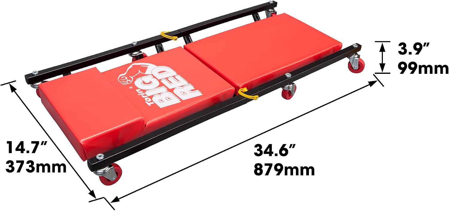 BIG RED TRP6240 Torin Blow Molded Plastic Rolling Garage/Shop Creeper: 40" Mechanic Cart with Padded Headrest, Dual Tool Trays and 6 Casters, Red