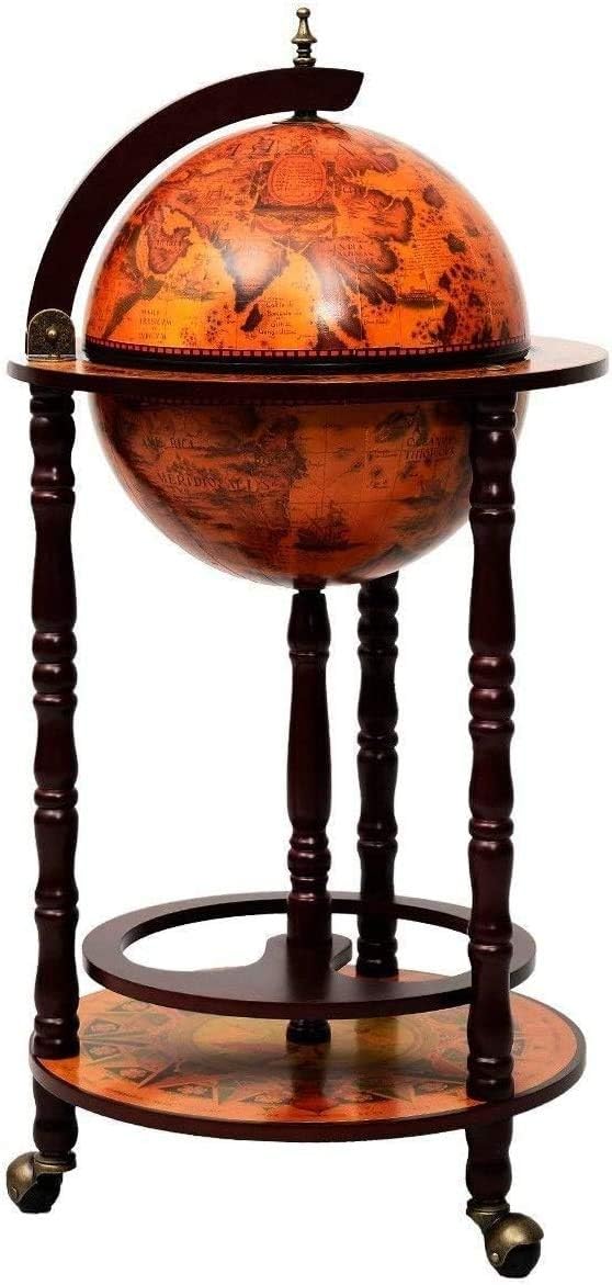 17" Wooden Globe Wine Rack, Wooden Globe Wine Bar Stand, Freely Movable Stable Liquor Bottle Shelf, Nautical Chart Wine Storage Cabinet