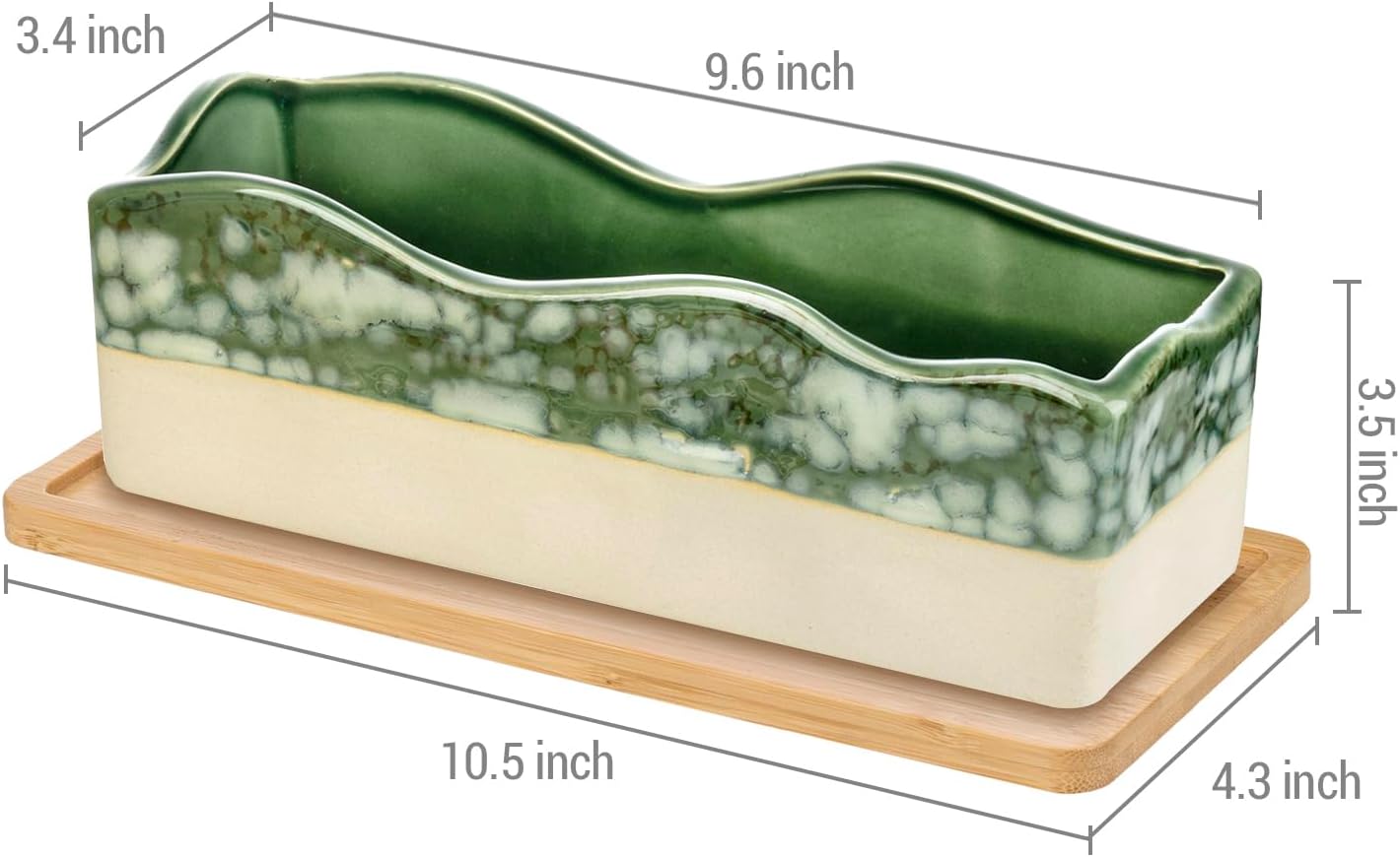 MyGift Beige Green Ceramic Glazed Rectangular Succulent Planter Pot