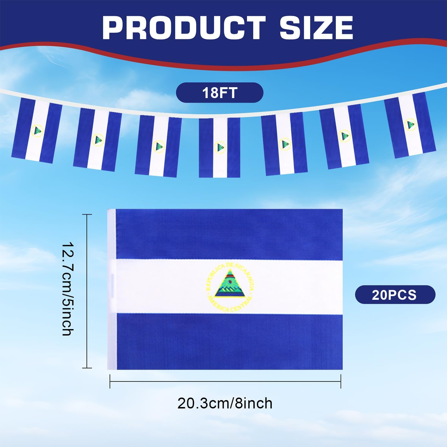 Nicaragua String Flags Banner Mini Small Nicaraguans Flag Bunting Patriotic Hanging Decor,National Holiday, Sports Game, Fiesta & Themed Party,18 Feet 20 Flags
