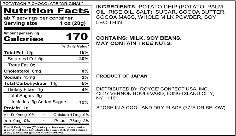 ROYCE' Potatochip Chocolate "Original" - |Chocolate Coated Crispy Potato Chips | Gourmet Snack for Gifting & Indulging | Japanese Potato Chip Chocolate from Hokkaido (7 Servings per Container)