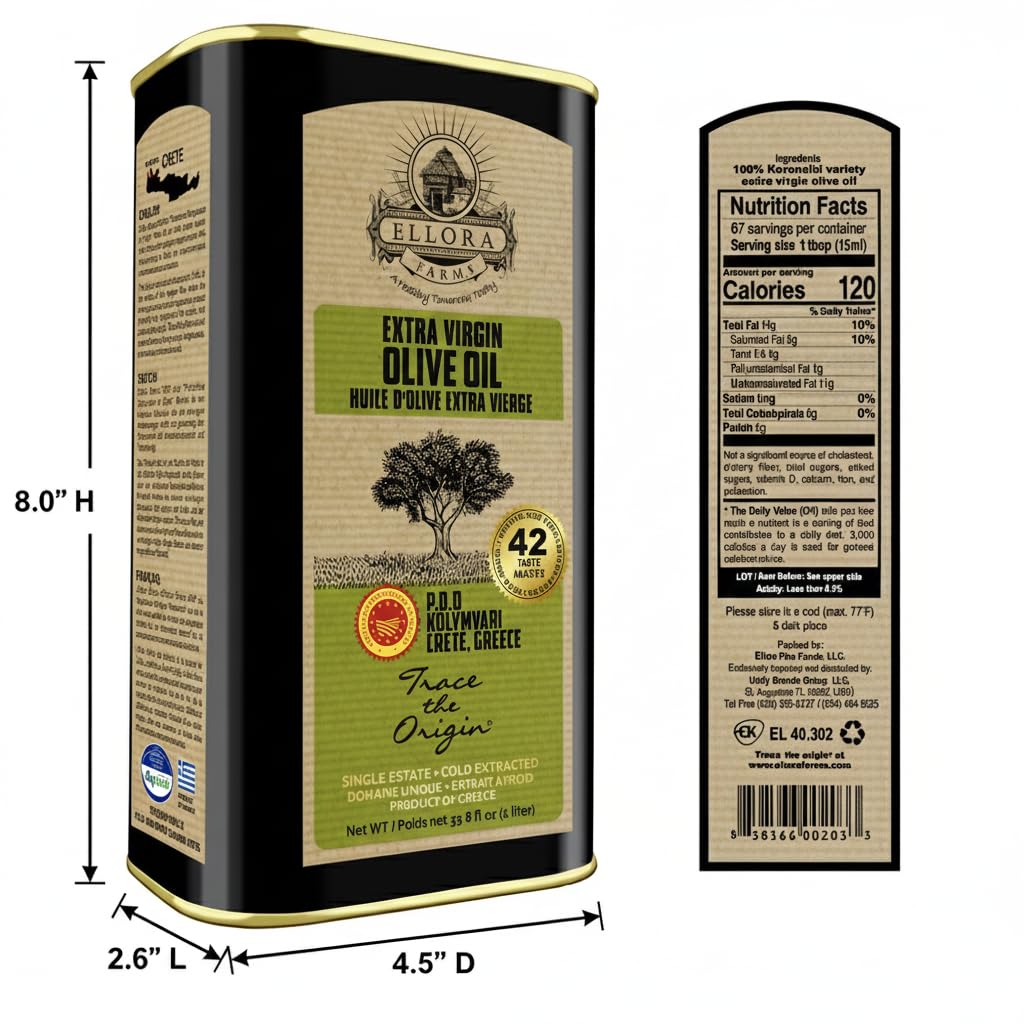 Ellora Farms Olive Oil Extra Virgin, Traceable & Certified PDO Polyphenol Rich Extra Virgin Olive Oil Cold Pressed, Global Gold Awards, Kosher, Single Origin from Crete, Greece 33.8 Fl oz, Pack of 2