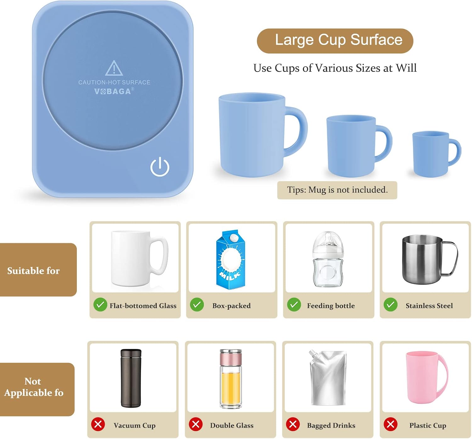 VOBAGA Coffee Mug Warmer for Desk with Auto Shut Off & 3-Temp Settings, Coffee Cup Warmer with Smart Safety Alert Home Office Accessory