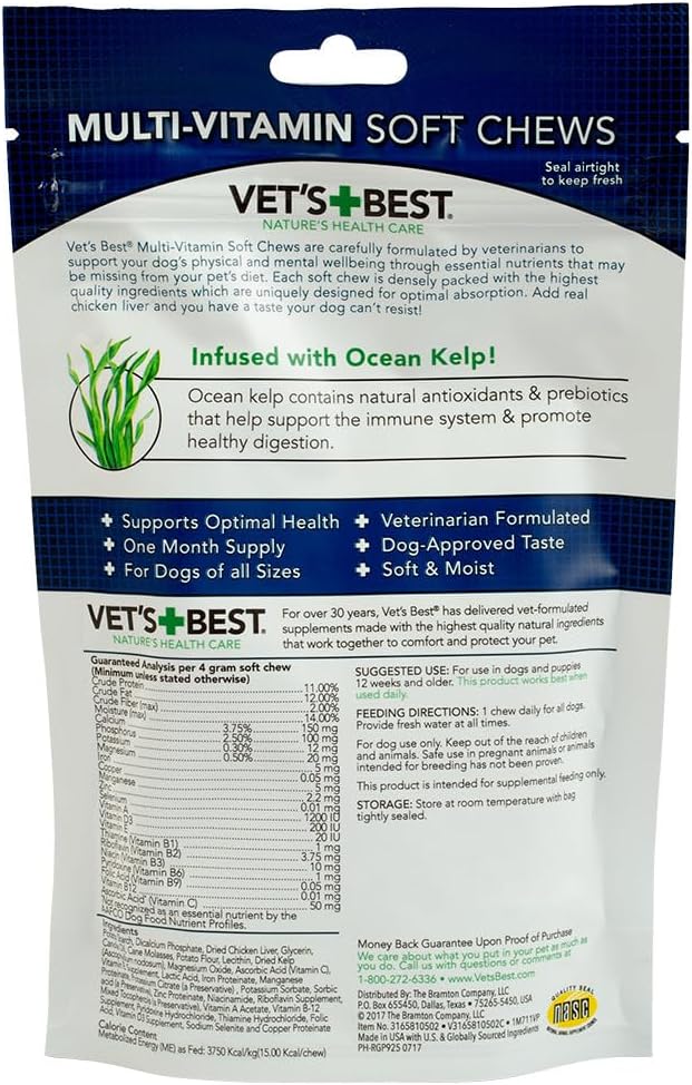 Vet's Best Multi-Vitamin Soft Chews for Dogs, Daily Wellness, 30 Count | Daily Multivitamin Soft Chews, Supports Physical & Mental Wellness