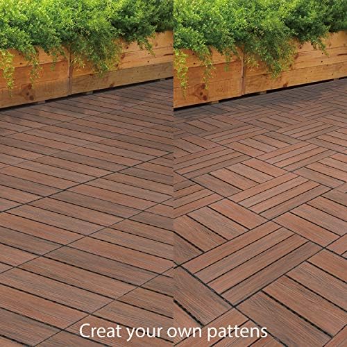 ECOOPTS 12"x12" Interlocking Deck Tiles Patio Floor Tiles Outdoor Flooring Wood Deck Tiles for Porch Balcony Backyard, 9 Slat x 15 Boxes, Brown