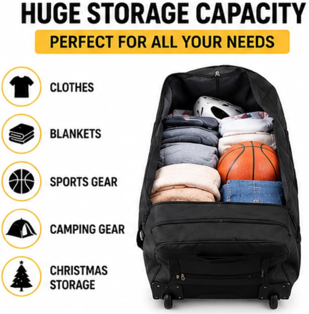 36-inch Rolling Duffle Bag with Wheels, Luggage Bag, Hockey Bag, XL Duffle Bag With Rollers, Heavy Duty Oversized Bag (Black)