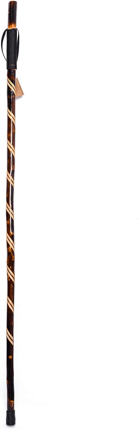 FOREST PILOT Handcrafted Nature Wood Hiking Stick 55 Inches Long - with Hand Strap and Rubber Tip Cover - Transparent Waterproof Painting Coating
