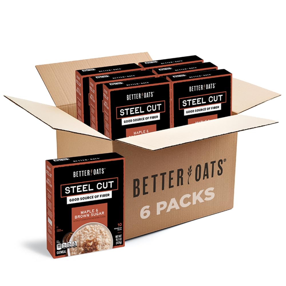 Better Oats Steel Cut Maple & Brown Sugar Oatmeal, 15.1 oz Box, 6 Pack | Instant Breakfast With Flax Seeds & Natural Flavors, Good Source Of ALA Omega-3, Individual Packets, Heart Healthy