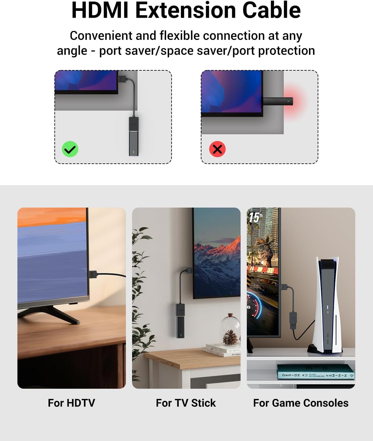 VCE 2-Pack HDMI Male to Female Swivel Adapter HDMI Extension Gold Plated Converter for Google Chrome Cast, Roku Streaming Stick | 4K@60Hz