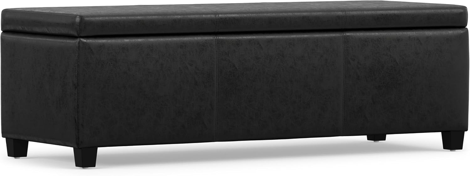 SIMPLIHOME Avalon 48" Wide Vegan Leather Storage Ottoman in Brown