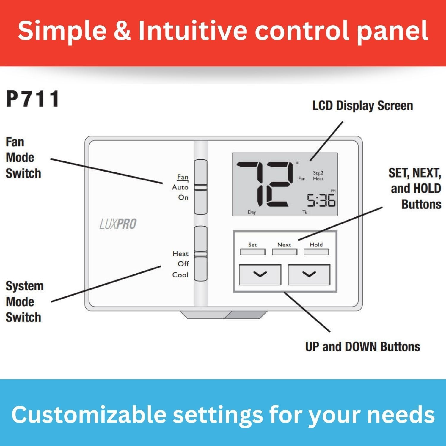 P711 7-Day Programmable or Non-Programmable, Easy-to-Use Thermostat | P711 Prog/Non-Prog, Digital Heating/Cooling Thermostat, Easy DIY Installation, Batteries Included