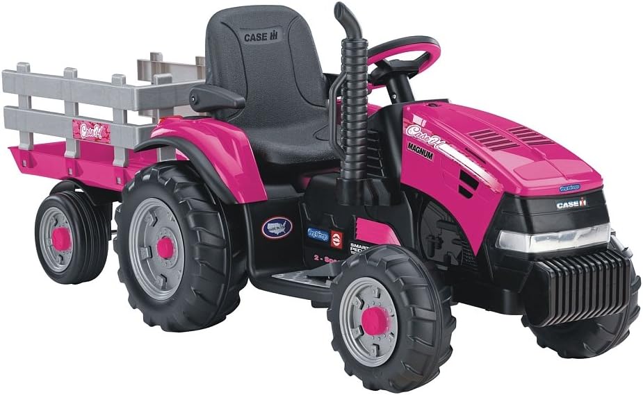 Peg Perego Case IH Magnum Tractor and Trailer Extra-Large 12 Volt Ride on, Pink. Durable Design for Kids Ages 3-7