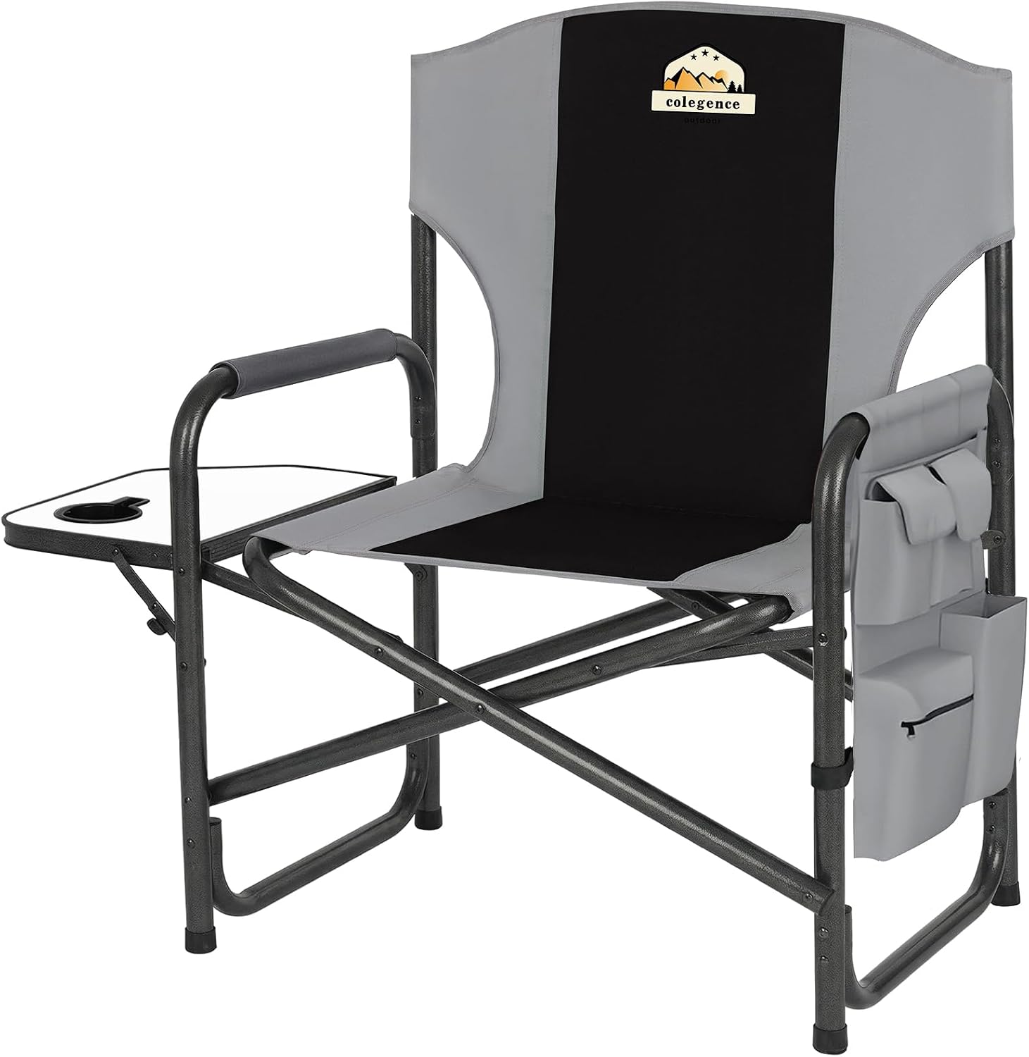 Colegence Oversized Directors Camping Chair for Adults, 600 lb, Black | Heavy duty folding outdoor chair with 28" wide seat, supportive back, side table, cup holder and detachable storage pocket