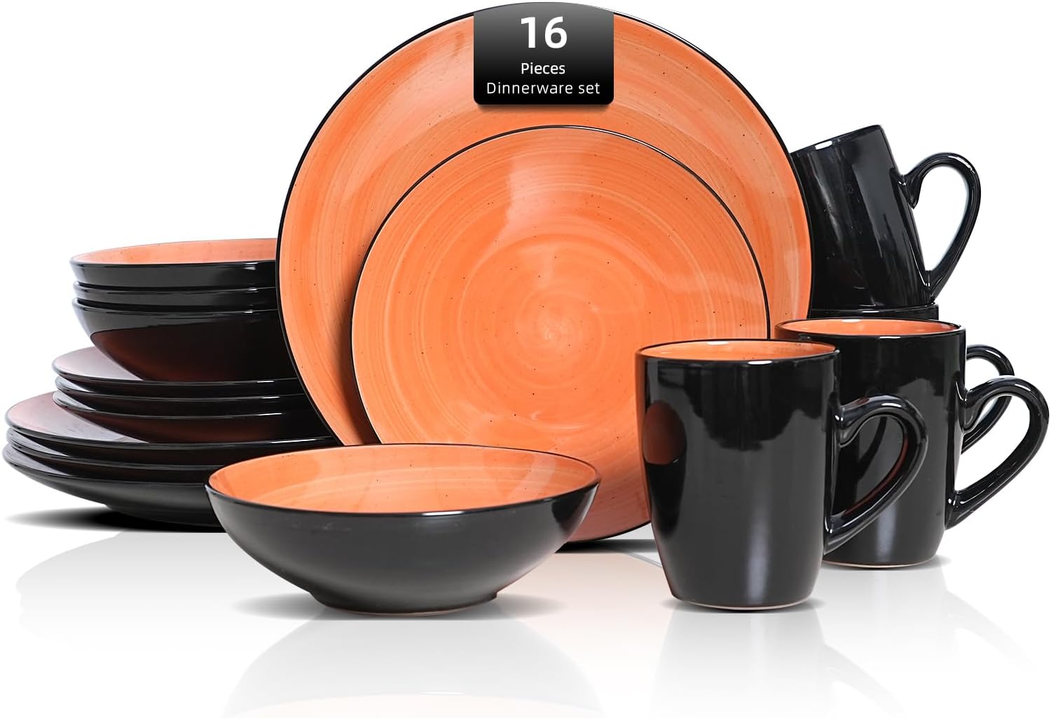 HomeVss, Sonoma Stoneware Dinnerware Set, Outside Black + Inside Hand Painting Color (16pc Set, Grey)