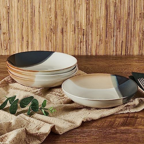 Mikasa Gourmet Basics Caden 16-Piece Stoneware Dinnerware Set, Service for 4, White Glossy Center with Black and Tan Two-Tone Reactive Glaze, Dishwasher and Microwave Safe
