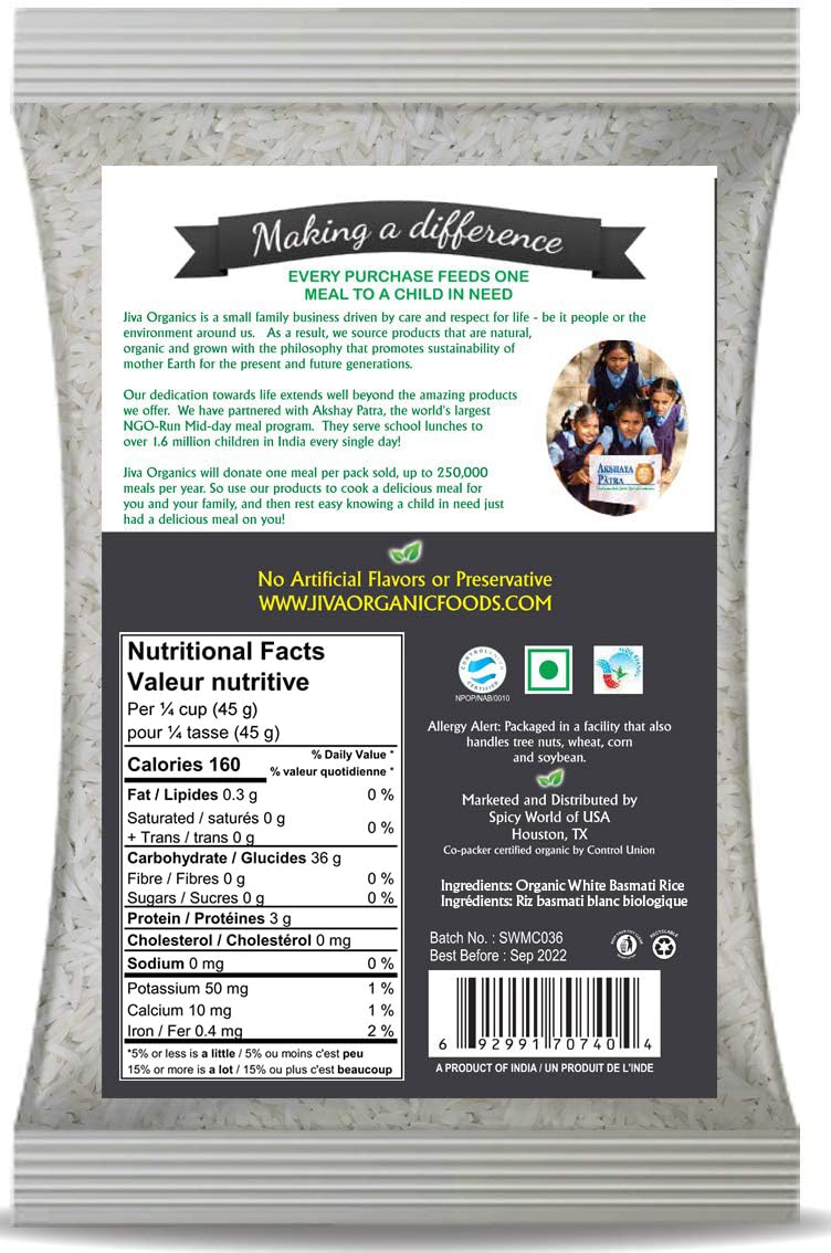 Organic Basmati Rice 10 LB Bag - Pure, Long, Premium Quality from India - by Jiva Organics