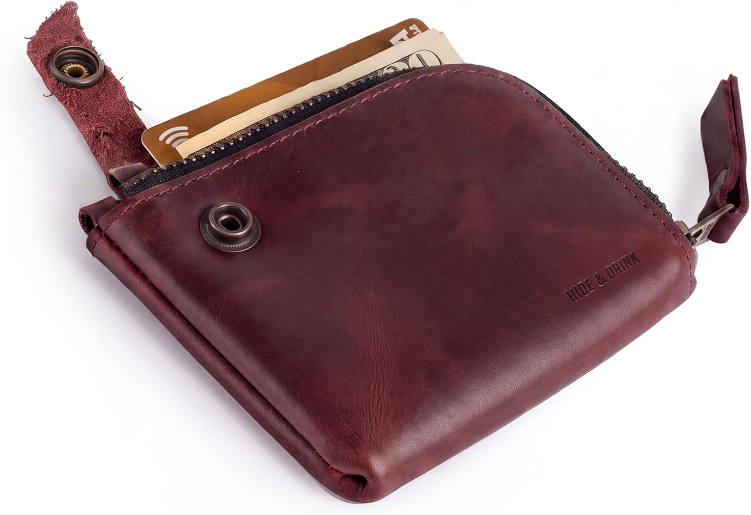 Hide & Drink, Leather Zippered Wallet, Holds Up to 6 Cards Plus Folded Bills, Pouch Organizer, Cash Holder, Travel Essentials, Mini, Pocket-Size, Handmade (Bourbon Brown)