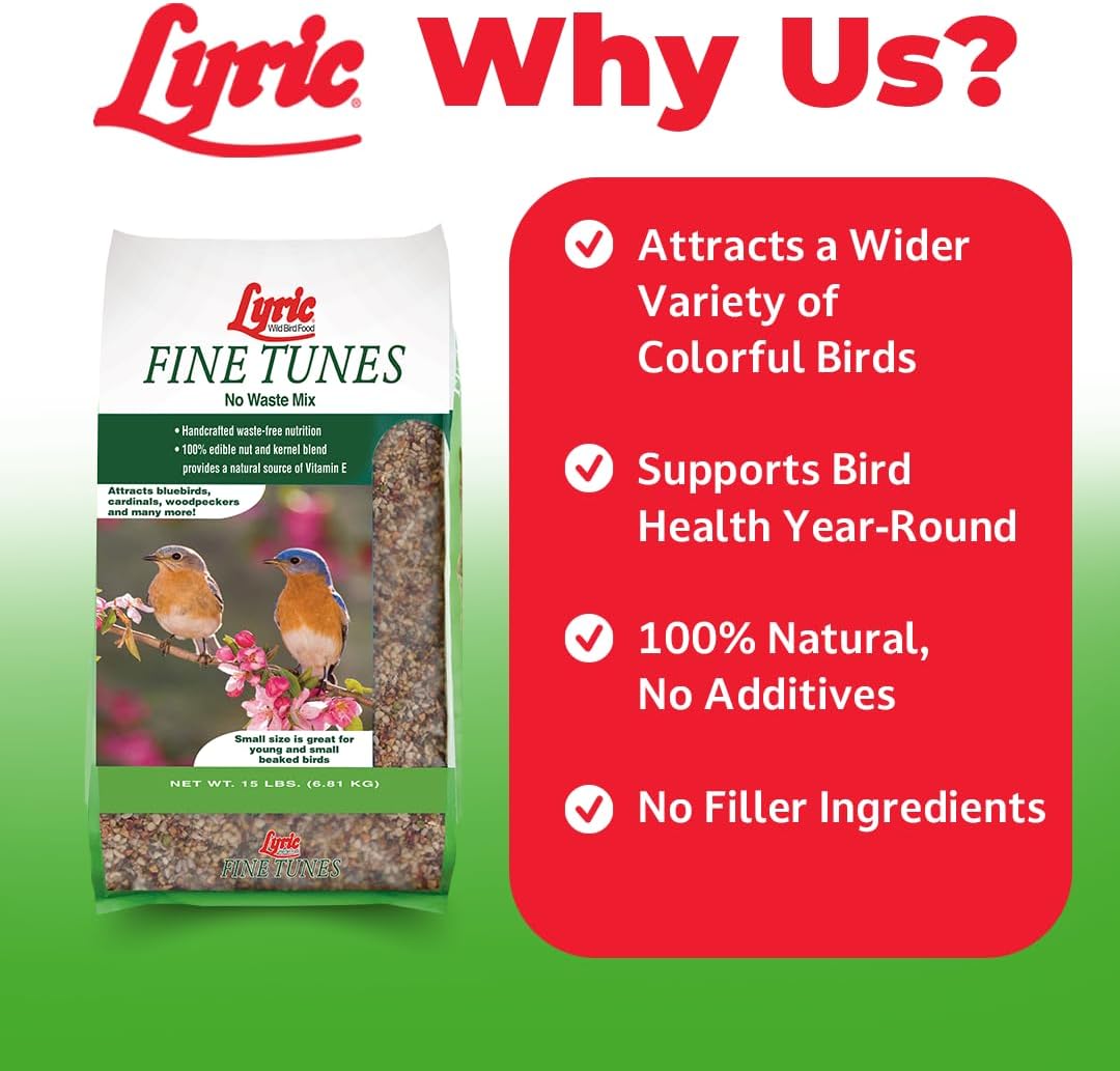 Lyric Fine Tunes Wild Bird Seed Mix - No Waste Bird Food Mix - Attracts Bluebirds, Finches, Chickadees & More - Seed for Outside Feeders - 15 lb Bag | Attracts Bluebirds, Finches, Chickadees and more - Seed for outside feeders