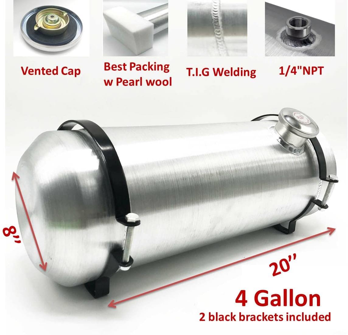 JSD 5 Gallons 8”x24“ Aluminum Spun Round Fuel Gas Tank Cell Fuel Tank with Bracket End Fill 1/4" NPT Outlet