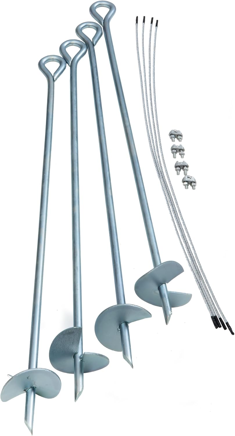 ShelterLogic ShelterAuger 4-Piece 30-Inch Reusable Heavy Duty Steel Earth Auger Anchor Kit with 4 Clamp-on Wire Tie-Downs for Anchoring Shelters, Canopies, and Instant Garages, Silver