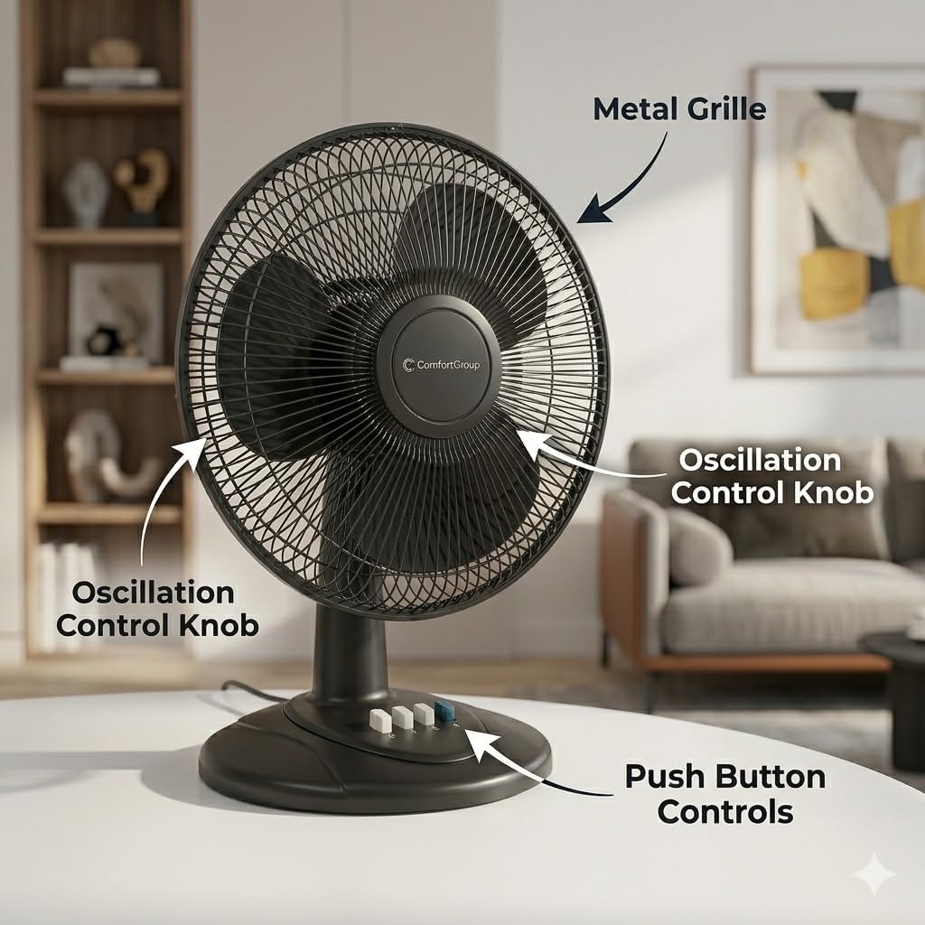 Comfort Zone 12 inch Table Fan with Adjustable Tilt, Wide Area Oscillation, Quiet Air Circulator Fan For Bedroom, 3 Speed Desktop Fan for Home Office, Push Button Controls, White