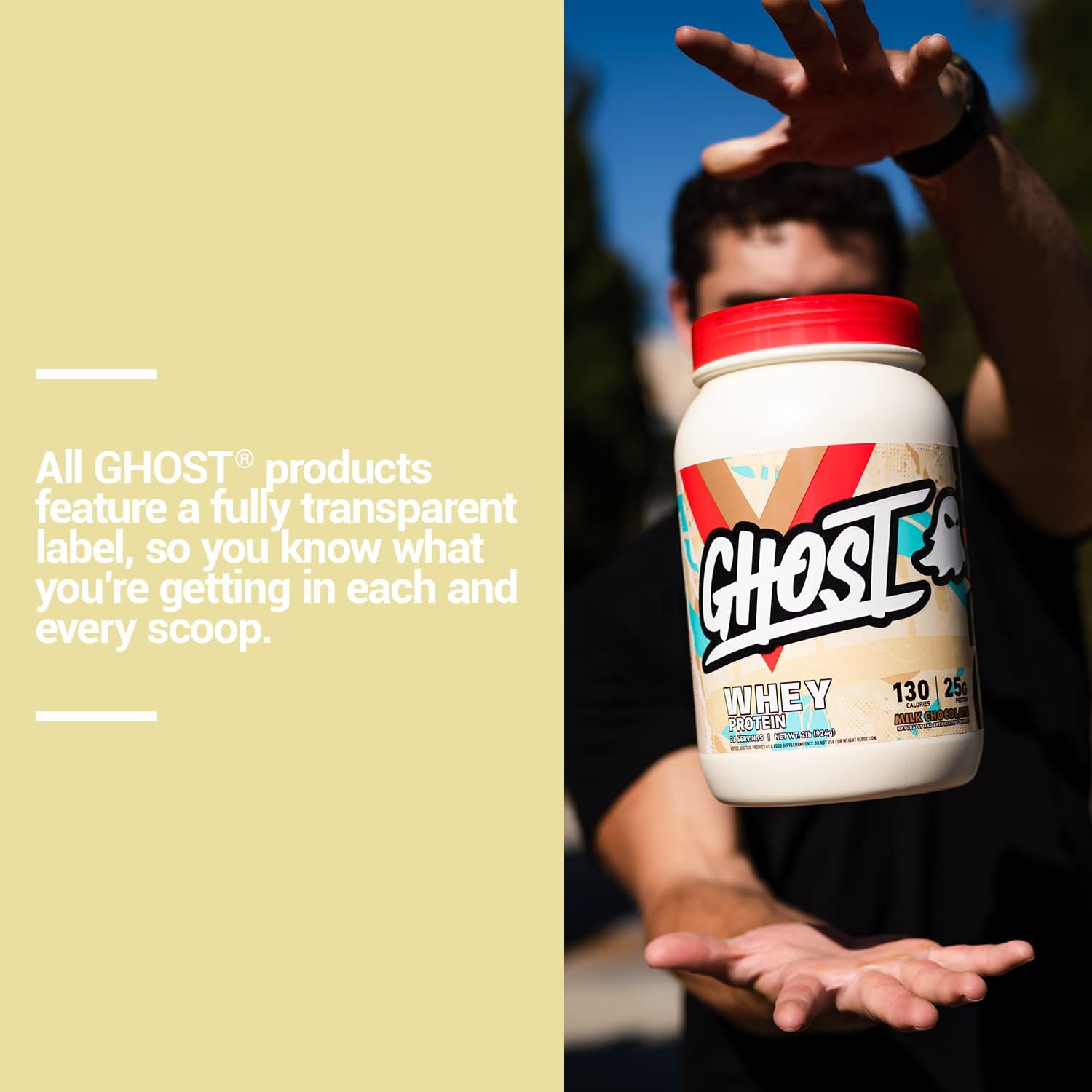 GHOST Whey Protein Powder, Milk Chocolate - 2LB, 25G of Protein | Whey Protein Isolate & Concentrate Blend - Post Workout Nutrition Shake, Smoothies - Soy & Gluten-Free - 2LB Tub, 26 Servings