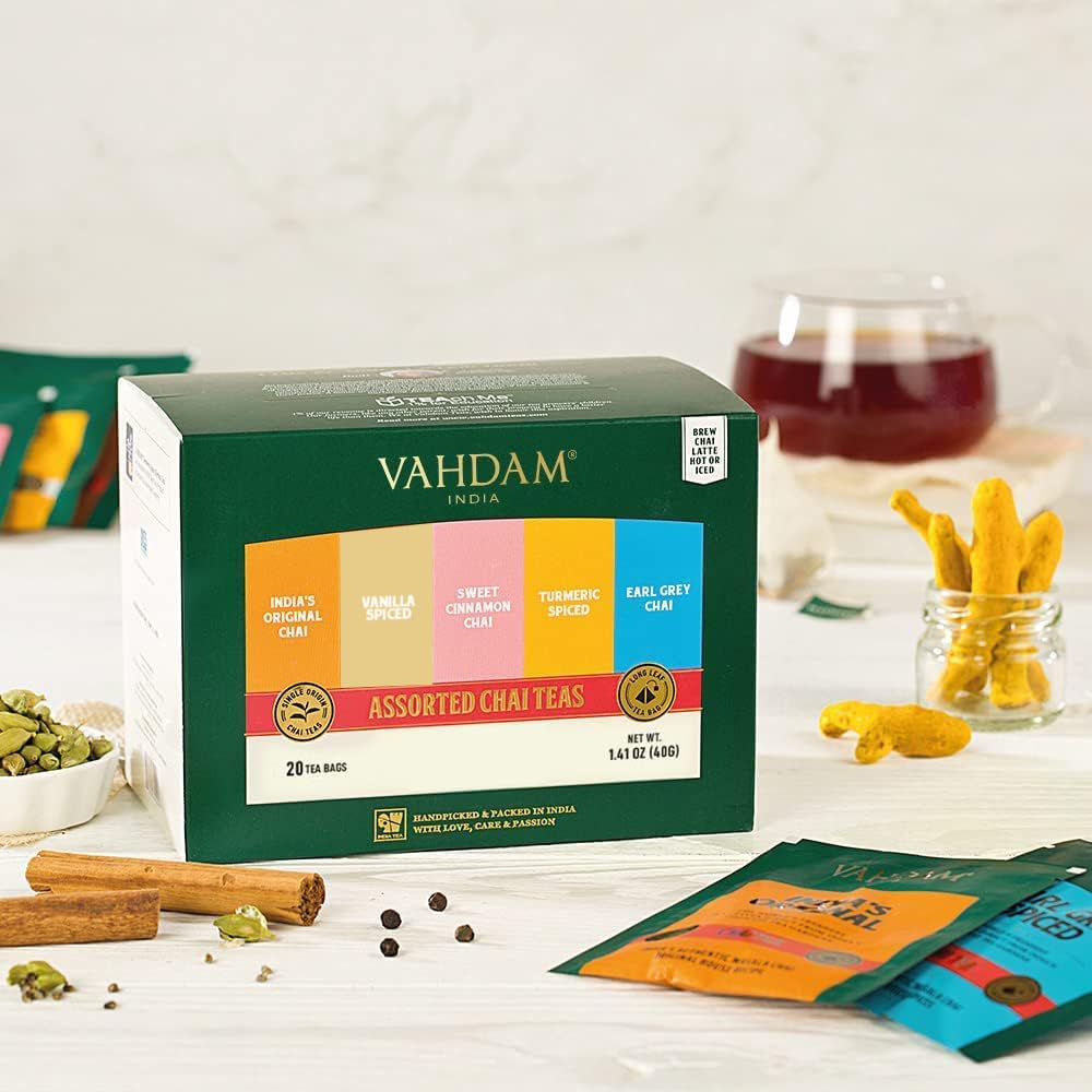 VAHDAM, Assorted Green Tea Bags Sampler (5 Flavors, 20 Ecofriendly Pyramid Tea bags) I Gift Ideas for Women & Men | Himalayan Green Tea Varieties | Gluten Free & Non GMO | Gift Ideas for Him/Her