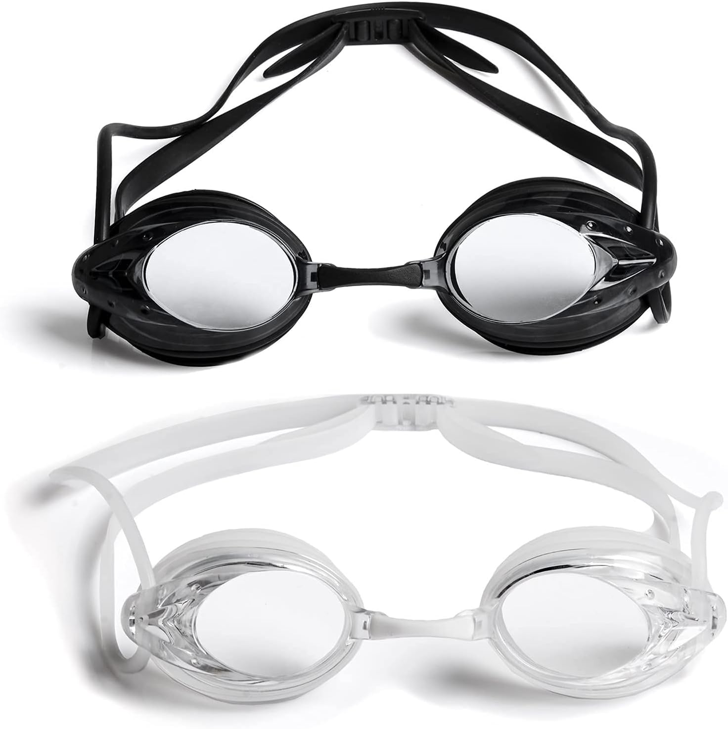 The Friendly Swede Goggles for Women & Men, 3 Nose Pieces & Case | 2 Pack, Wide Angle Lens, Anti Fog Swimming Goggles, 3 sizes of Interchangeable nose bridge (S, M, L), White/Black
