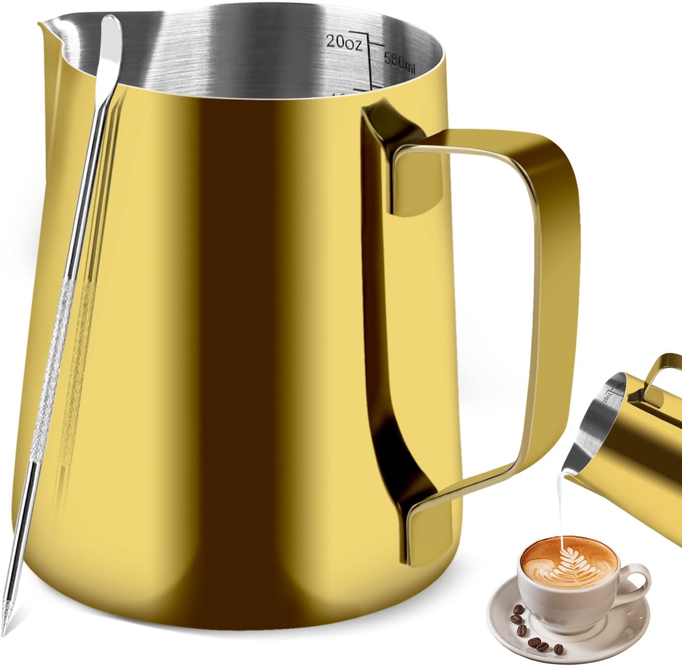 Stainless Steel Espresso Milk Frothing Pitcher - 12OZ/350ML Coffee Milk Frother Cup with Decorating Art Pen for Espresso Machine, Latte Art