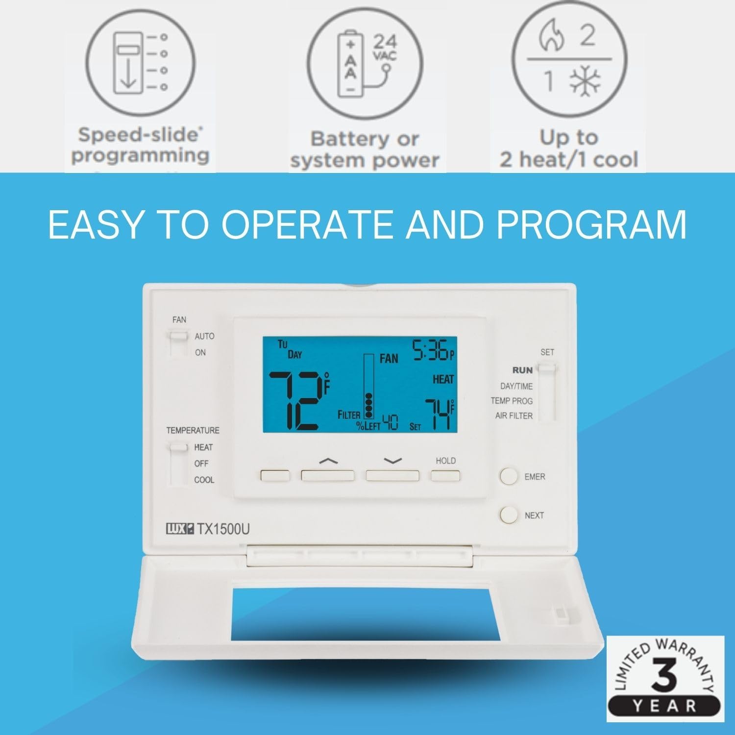 P521U Programmable 5-2 Day Thermostat for Home Use; 2 Heat, 1 Cool